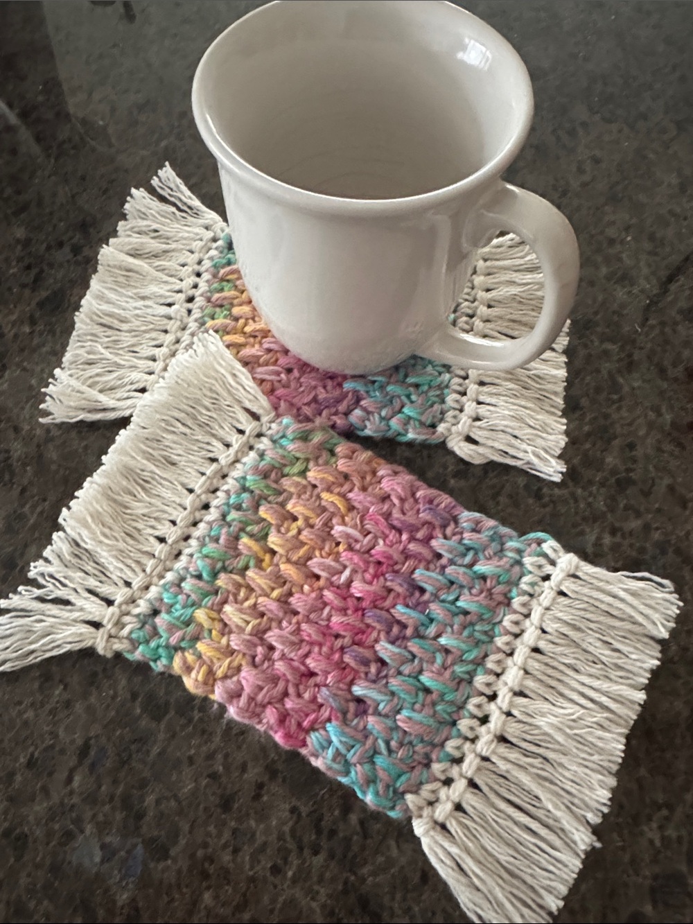 Crochet Mug Rug Coasters Handmade - Pastel Multicolor - 100% Cotton - Set of 2